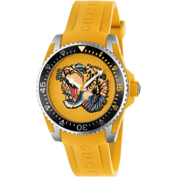 Gucci Dive Tiger – Gelbes Zifferblatt – Gelbes Kautschukarmband – Uhr für Herren – YA136317, Herrenuhr