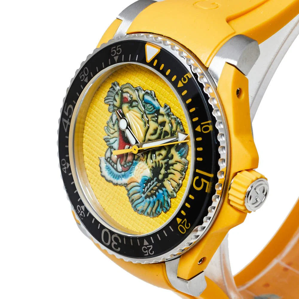 Gucci Dive Tiger – Gelbes Zifferblatt – Gelbes Kautschukarmband – Uhr für Herren – YA136317, Herrenuhr