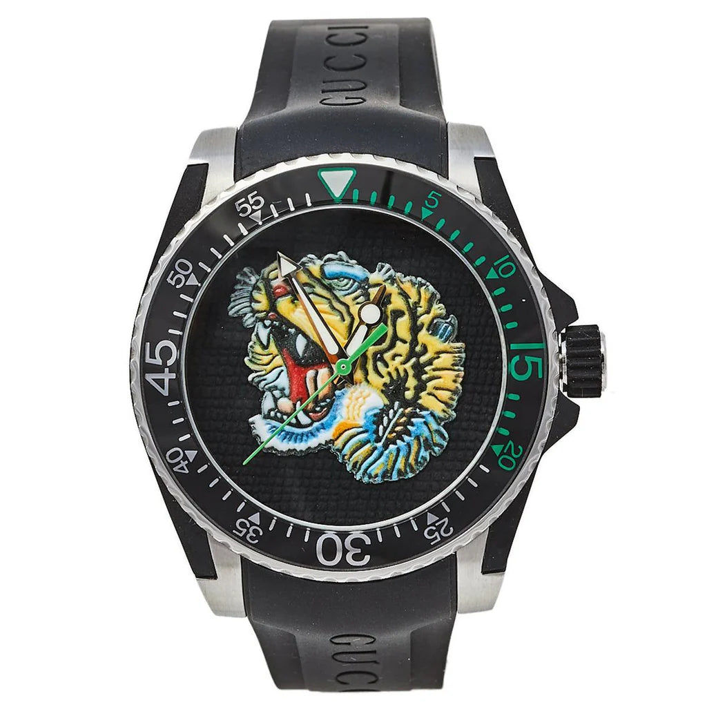 Gucci Dive Tiger – Schwarzes Zifferblatt – Schwarzes Kautschukarmband – Uhr für Herren – YA136318, Herrenuhr
