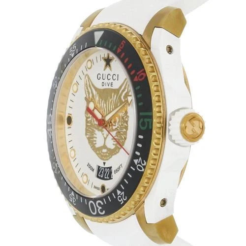 Gucci Dive Quartz Unisex-Uhr mit weißem Zifferblatt und weißem Kautschukarmband – YA136322