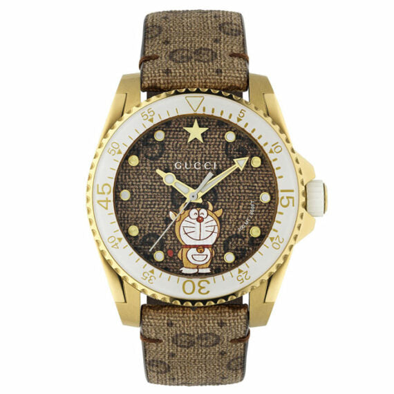 Gucci Dive Doraemon Quarzuhr mit braunem Zifferblatt und braunem Lederarmband, Herrenuhr – YA136334