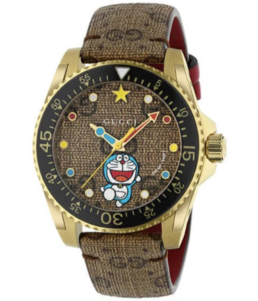 Gucci Dive Doraemon Quarzuhr mit braunem Zifferblatt und braunem Lederarmband für Herren – YA136335