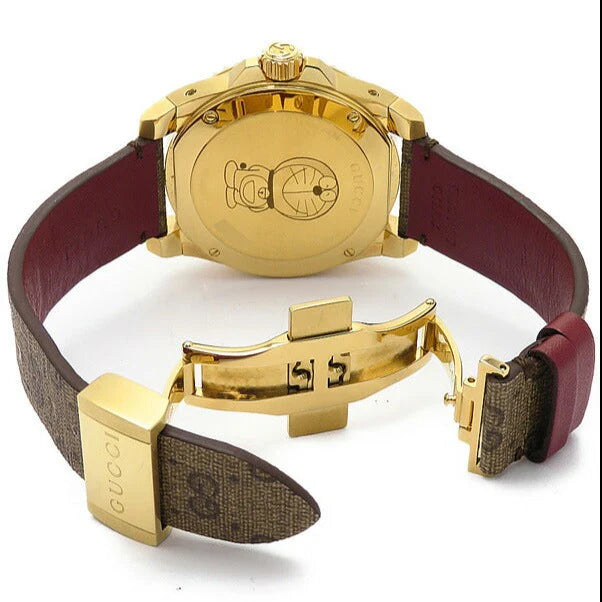 Gucci Dive Doraemon Quarzuhr mit braunem Zifferblatt und braunem Lederarmband für Herren – YA136335