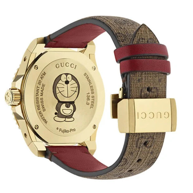 Gucci Dive Doraemon Quarzuhr mit braunem Zifferblatt und braunem Lederarmband für Herren – YA136335