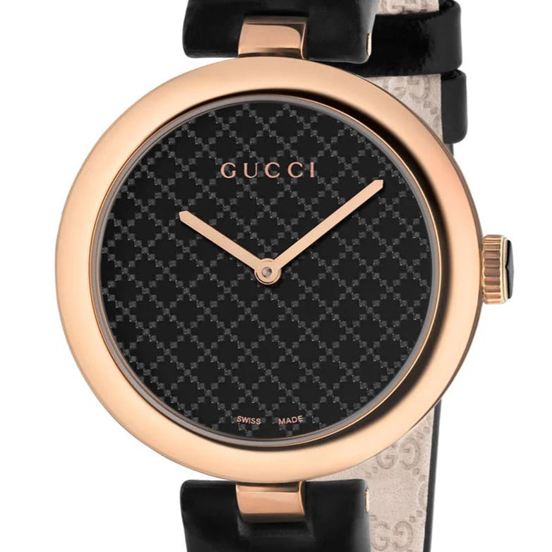 Gucci Diamantissima Quarzuhr mit schwarzem Zifferblatt und schwarzem Lederarmband für Damen – YA141401m Damenuhr
