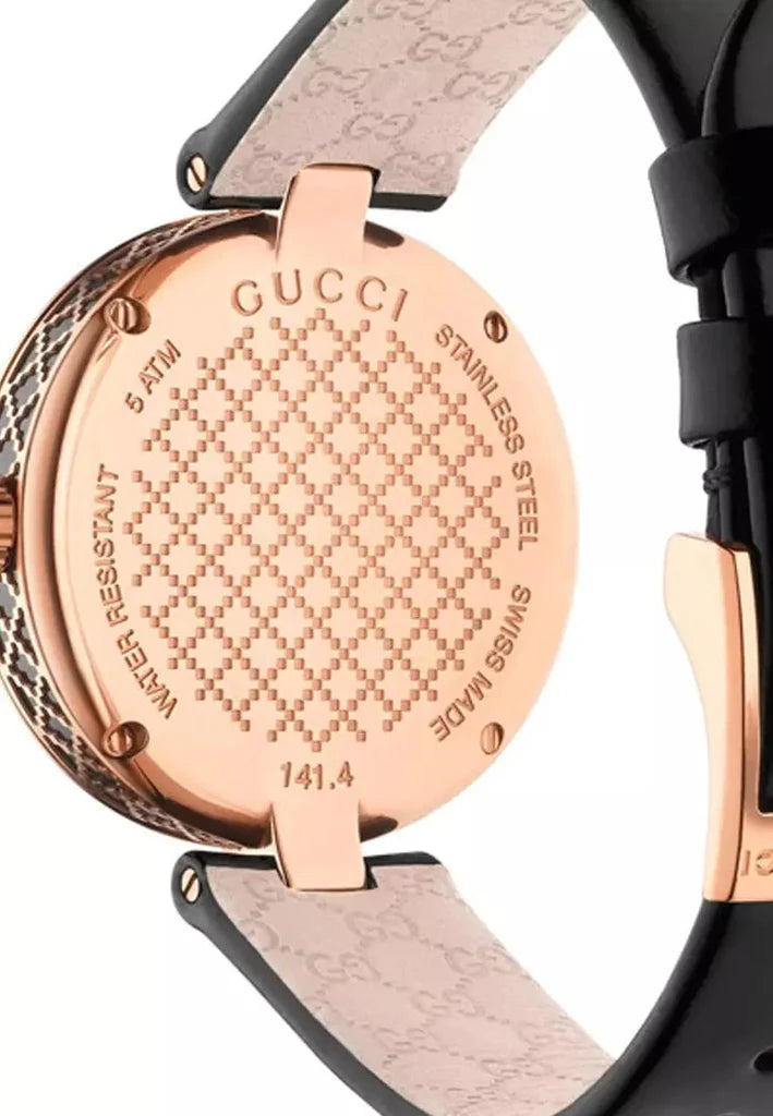 Gucci Diamantissima Quarzuhr mit schwarzem Zifferblatt und schwarzem Lederarmband für Damen – YA141401m Damenuhr