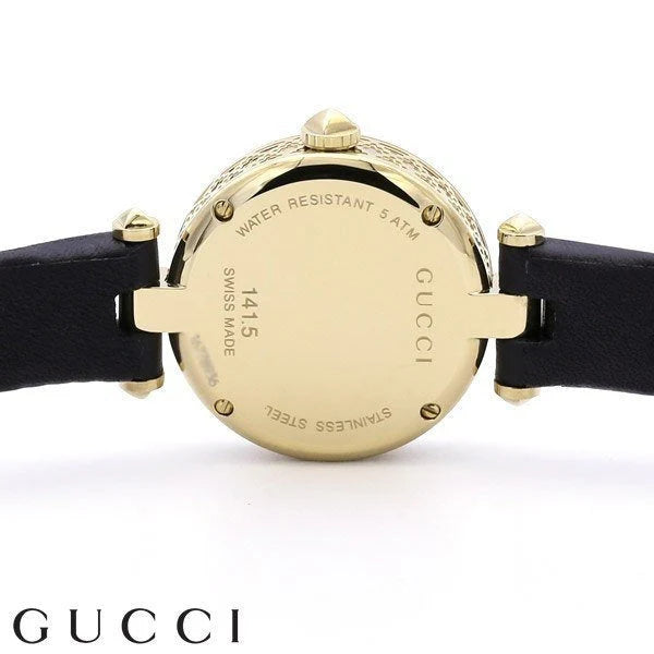 Gucci Diamantissima Damenuhr mit Perlmuttzifferblatt und schwarzem Lederarmband - YA141505