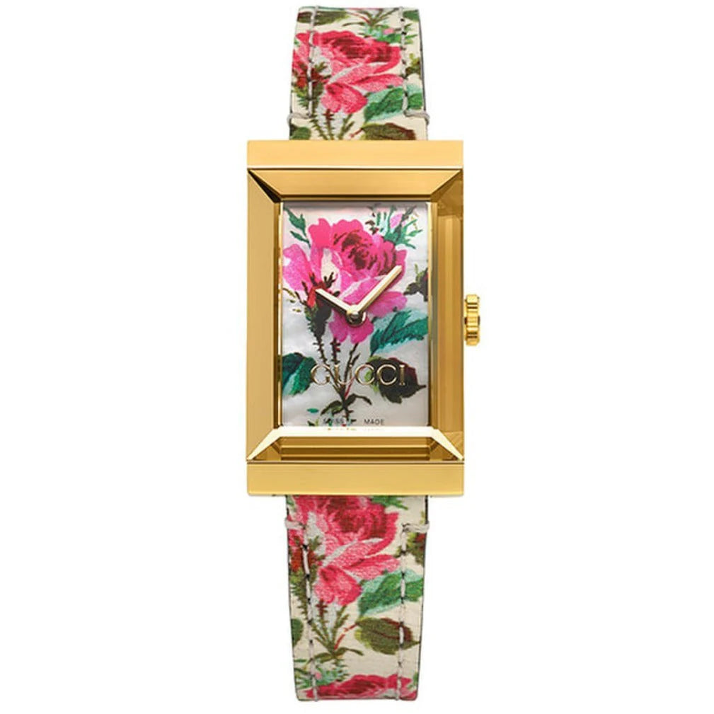 Gucci G-Frame Florales Perlmutt-Zifferblatt mit weißem Lederarmband für Damen – YA147406, Damenuhr