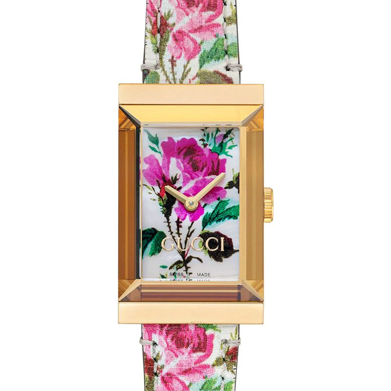 Gucci G-Frame Florales Perlmutt-Zifferblatt mit weißem Lederarmband für Damen – YA147406, Damenuhr