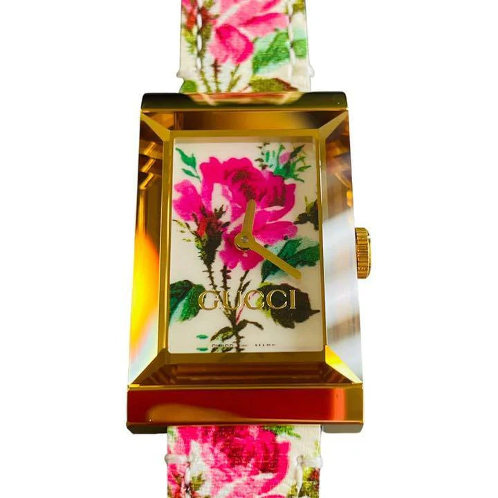 Gucci G-Frame Florales Perlmutt-Zifferblatt mit weißem Lederarmband für Damen – YA147406, Damenuhr