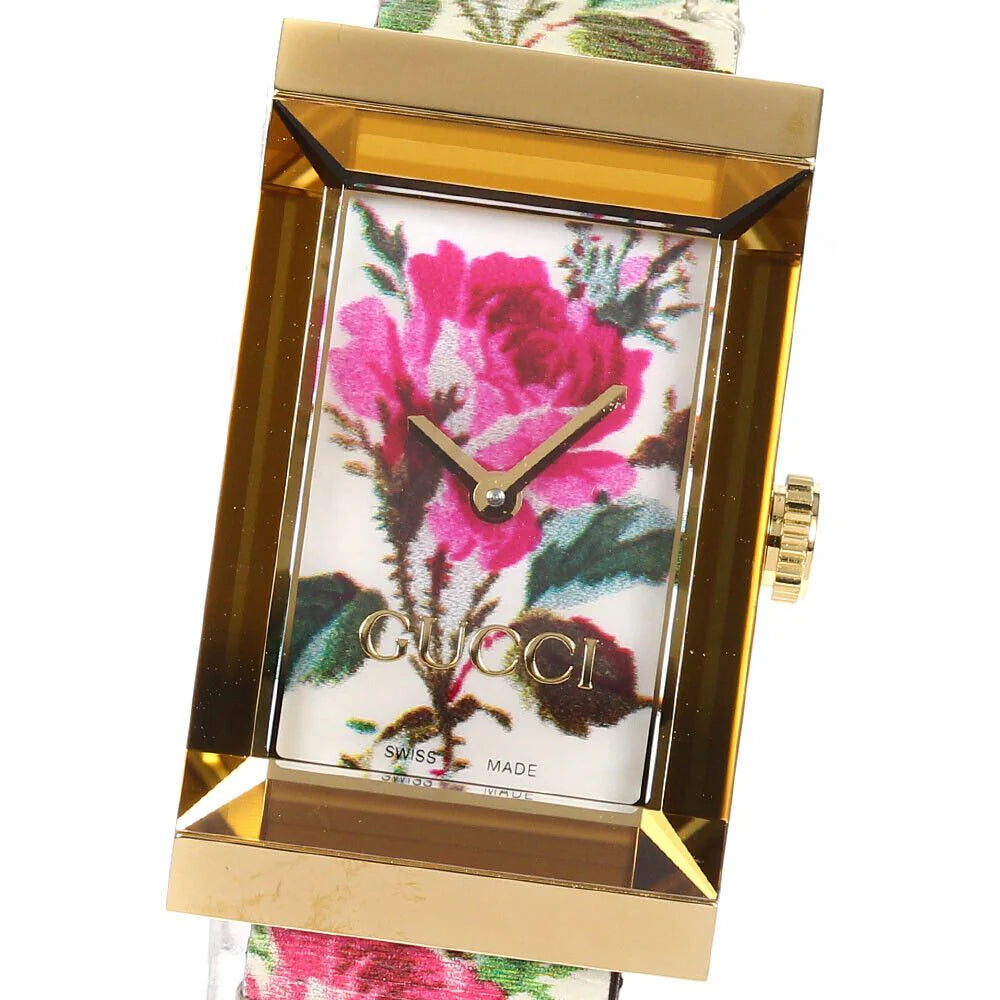 Gucci G-Frame Florales Perlmutt-Zifferblatt mit weißem Lederarmband für Damen – YA147406, Damenuhr