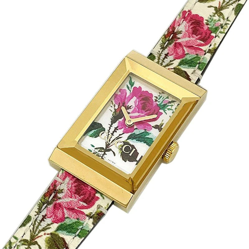 Gucci G-Frame Florales Perlmutt-Zifferblatt mit weißem Lederarmband für Damen – YA147406, Damenuhr