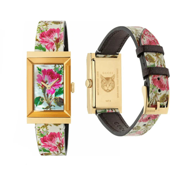 Gucci G-Frame Florales Perlmutt-Zifferblatt mit weißem Lederarmband für Damen – YA147406, Damenuhr