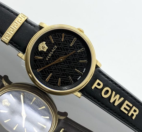 Versace V Circle Quarz Schwarzes Zifferblatt Lederarmbanduhr für Damen – VBP04017