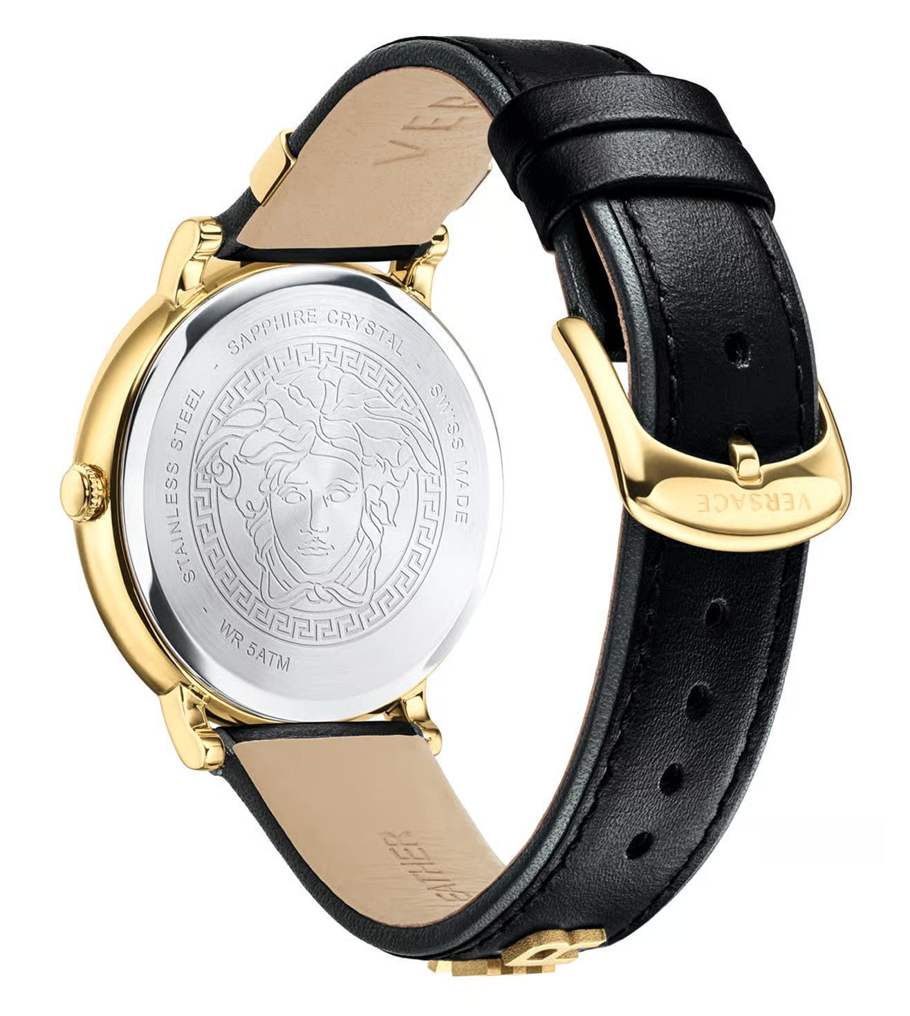 Versace V Circle Quarz Schwarzes Zifferblatt Lederarmbanduhr für Damen – VBP110017