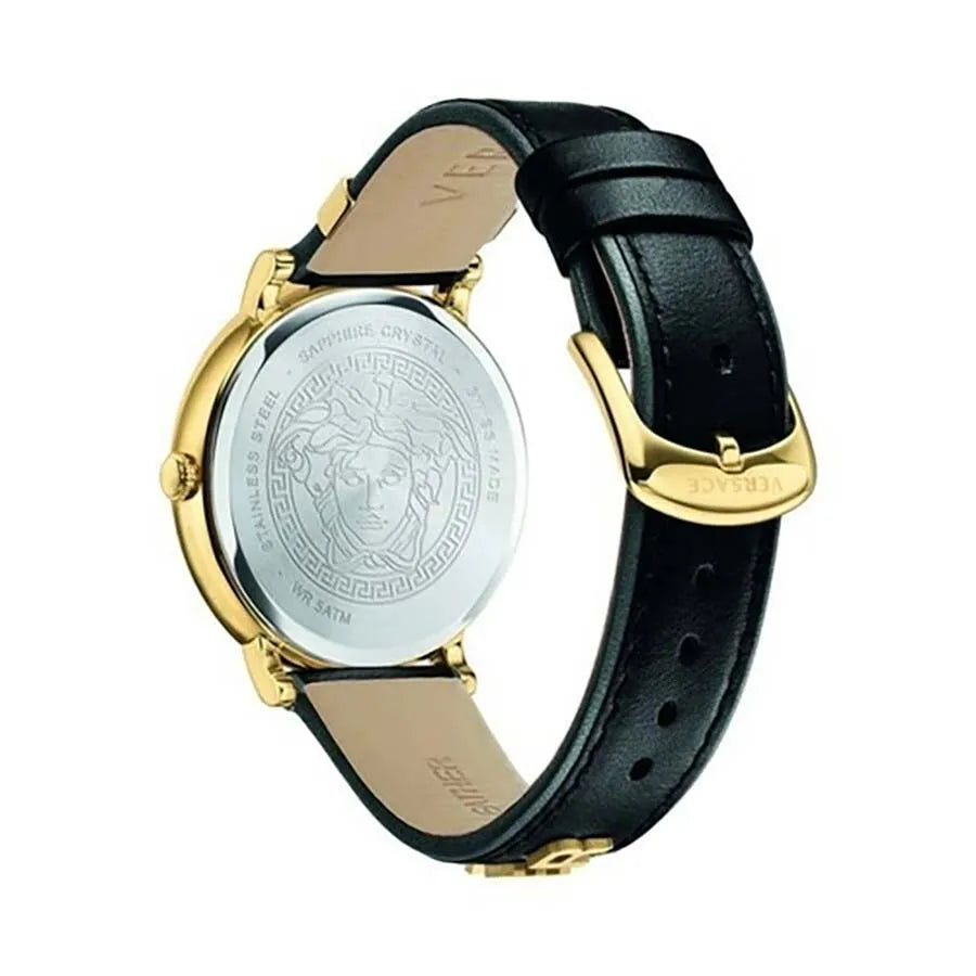 Versace V Circle Quarz Schwarzes Zifferblatt Lederarmbanduhr für Damen – VBP04017