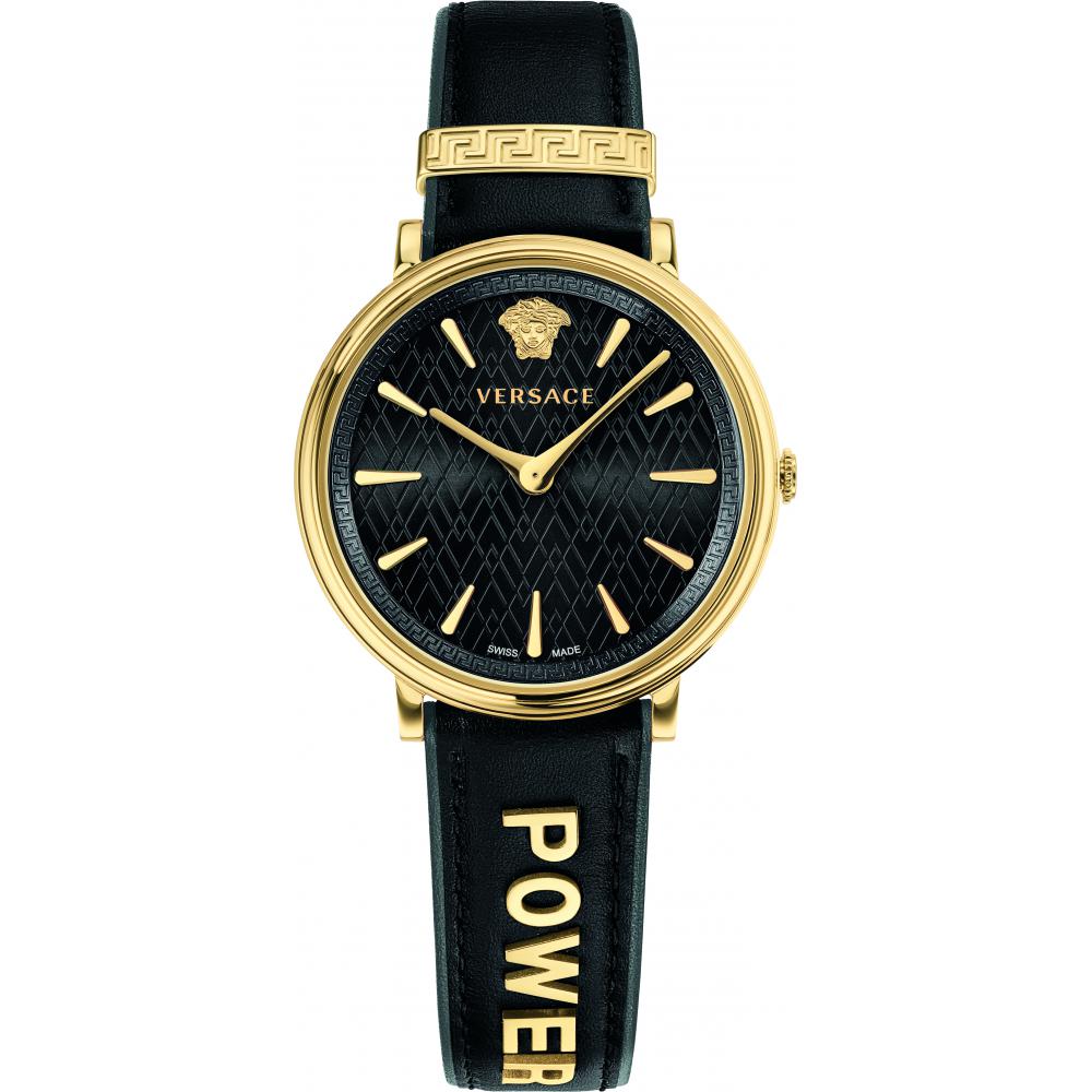 Versace V Circle Quarz Schwarzes Zifferblatt Lederarmbanduhr für Damen – VBP04017