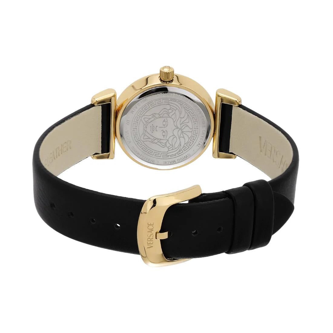 Versace V Circle Quarz Schwarzes Zifferblatt Lederarmbanduhr für Damen – VBP110017