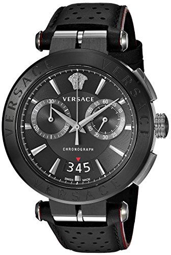 Versace V-Racer Aion Chronograph mit schwarzem Zifferblatt und schwarzem Lederarmband für Herren – VBR030017, Herrenuhr