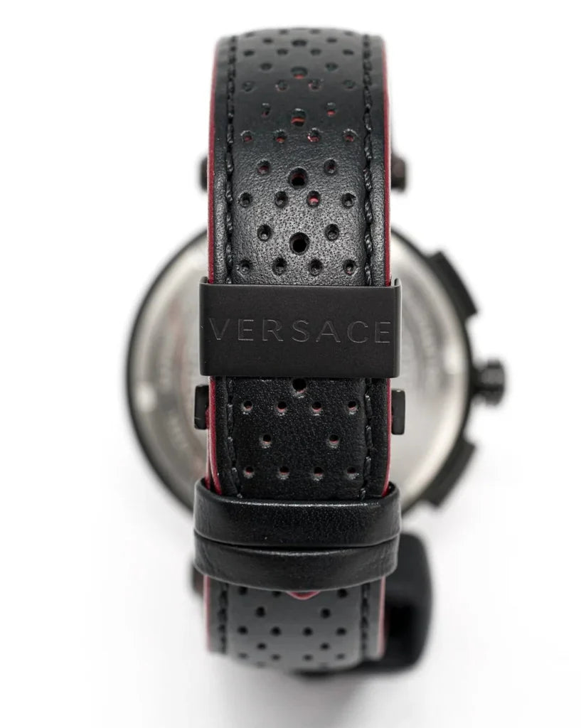 Versace V-Racer Aion Chronograph mit schwarzem Zifferblatt und schwarzem Lederarmband für Herren – VBR030017, Herrenuhr