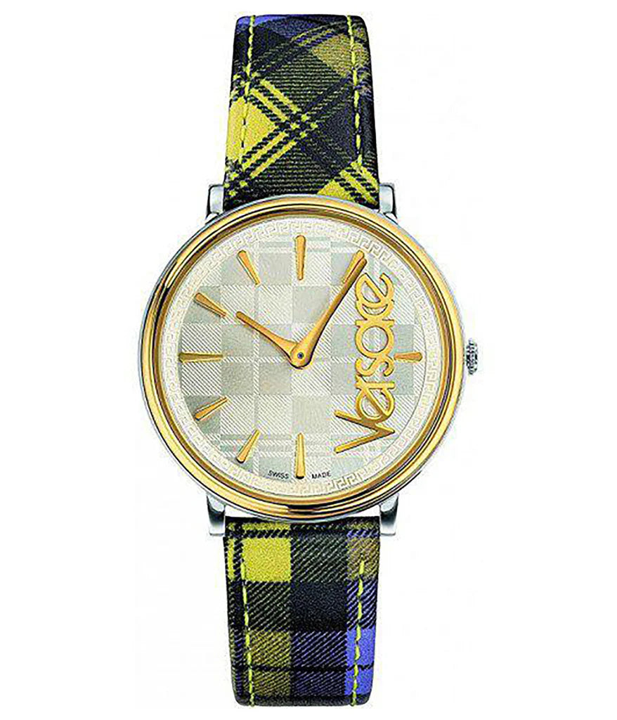 Versace V-Circle The Clans Edition Damenuhr mit silbernem Zifferblatt und mehrfarbigem Lederarmband – VE8100118