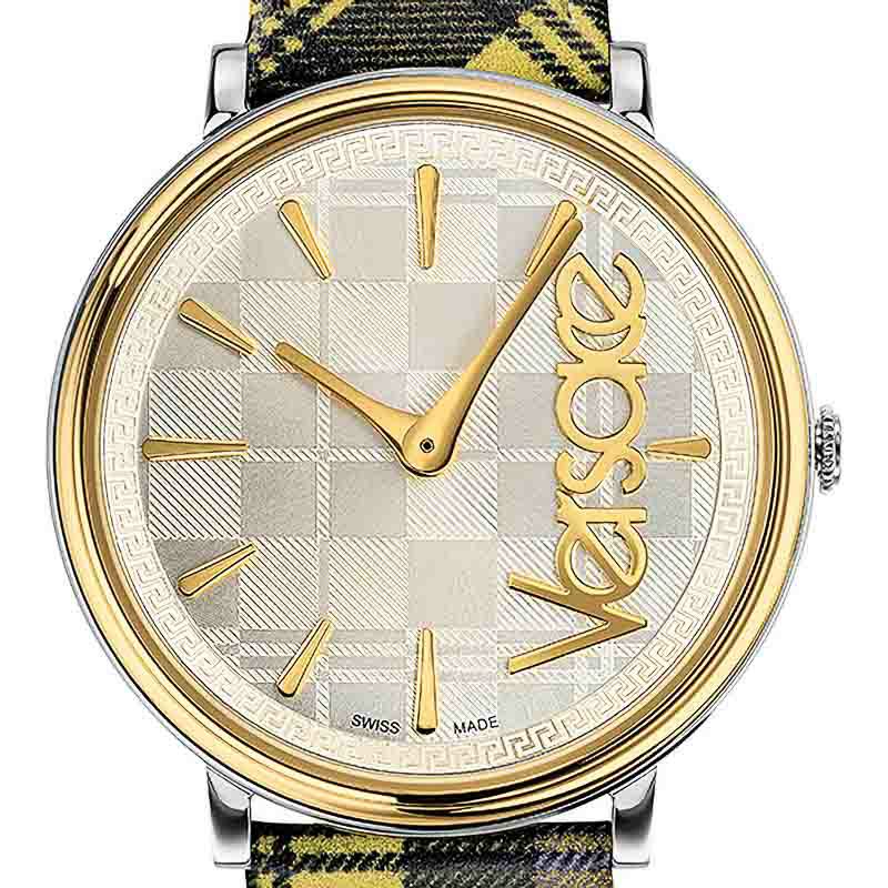 Versace V-Circle The Clans Edition Damenuhr mit silbernem Zifferblatt und mehrfarbigem Lederarmband – VE8100118