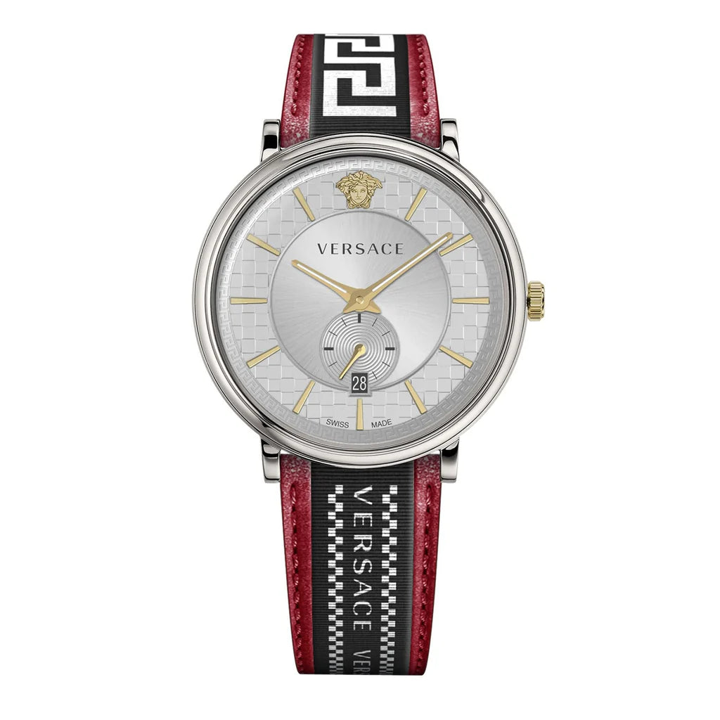 Versace V Circle Herrenuhr mit silbernem Zifferblatt und zweifarbigem Lederarmband – VEBQ01319,