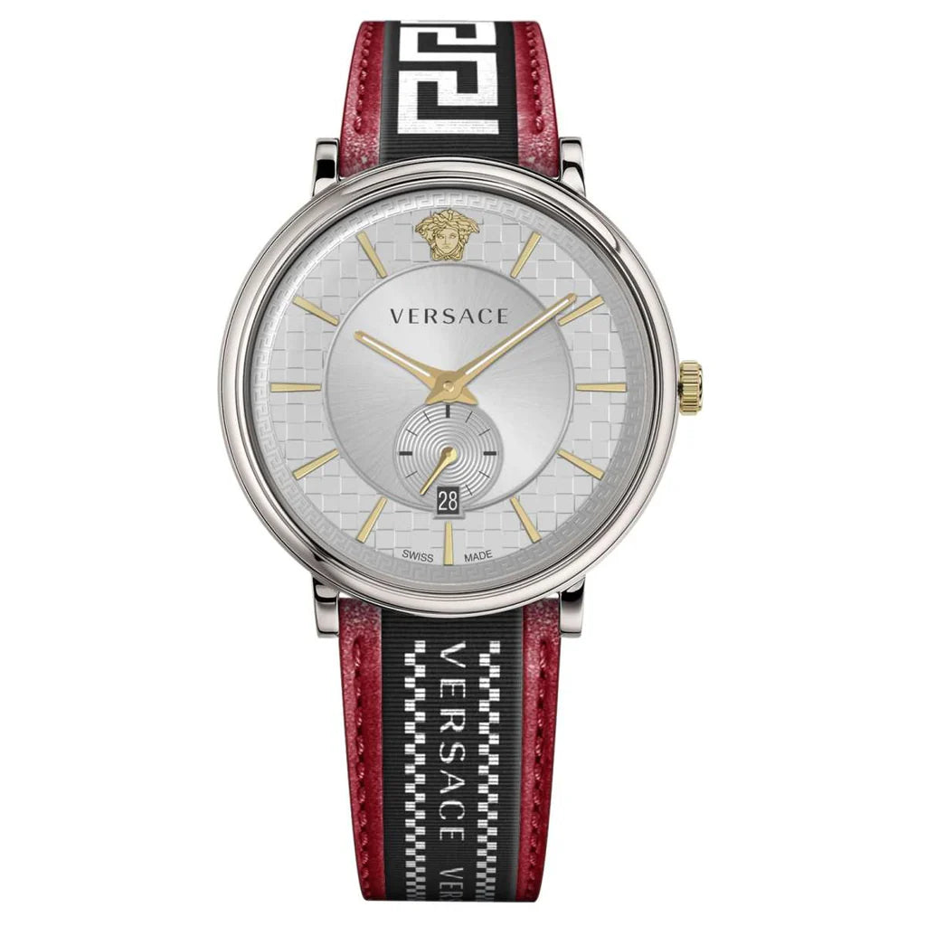 Versace V Circle Herrenuhr mit silbernem Zifferblatt und zweifarbigem Lederarmband – VEBQ01319,