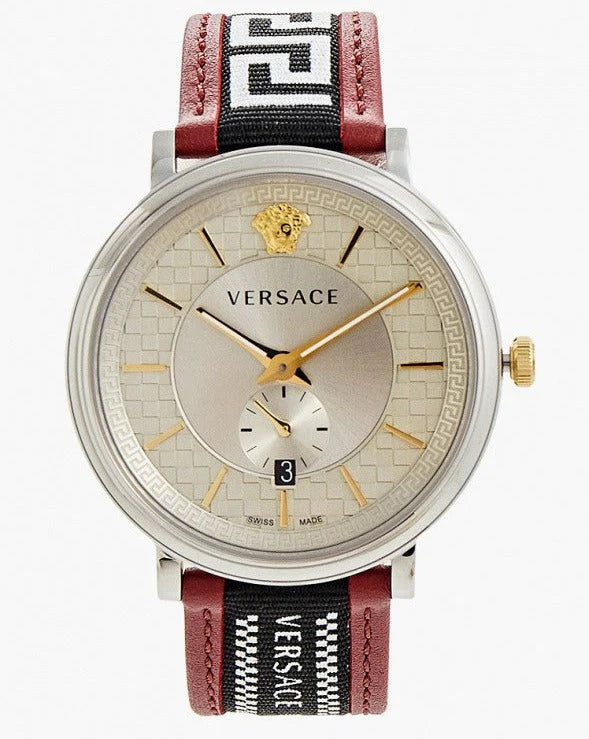 Versace V Circle Herrenuhr mit silbernem Zifferblatt und zweifarbigem Lederarmband – VEBQ01319,