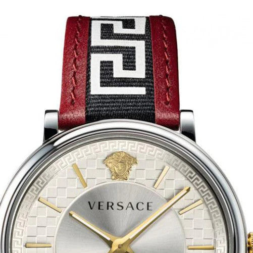 Versace V Circle Herrenuhr mit silbernem Zifferblatt und zweifarbigem Lederarmband – VEBQ01319,