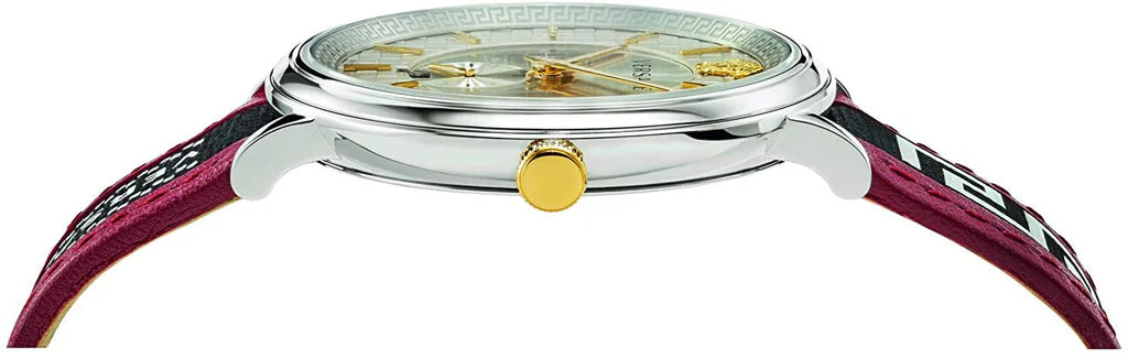 Versace V Circle Herrenuhr mit silbernem Zifferblatt und zweifarbigem Lederarmband – VEBQ01319,