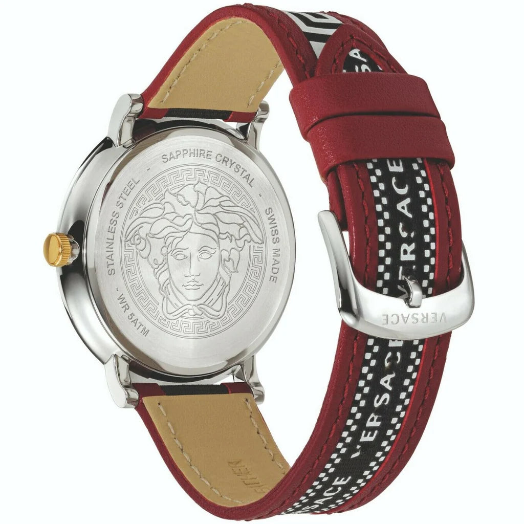 Versace V Circle Herrenuhr mit silbernem Zifferblatt und zweifarbigem Lederarmband – VEBQ01319,