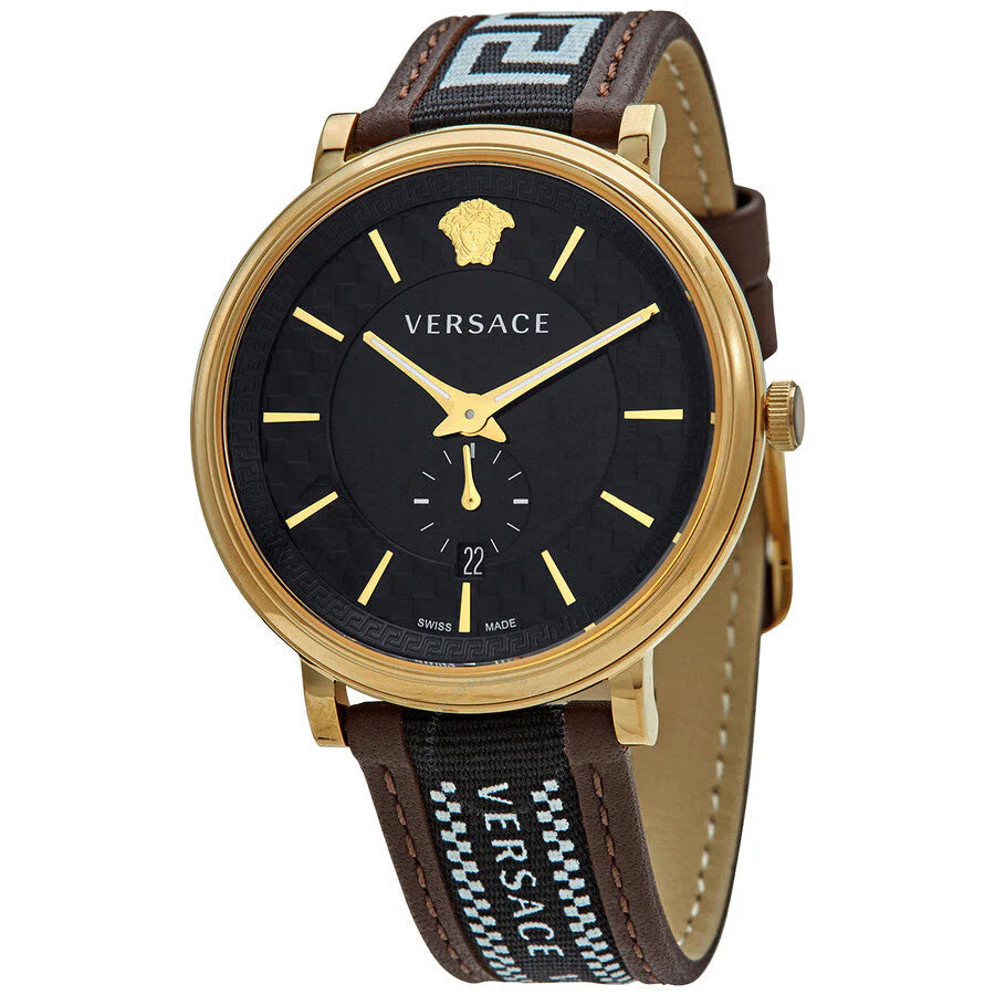 Versace V-Circle Quarzuhr mit schwarzem Zifferblatt und braunem Lederarmband für Herren – VEBQ01619