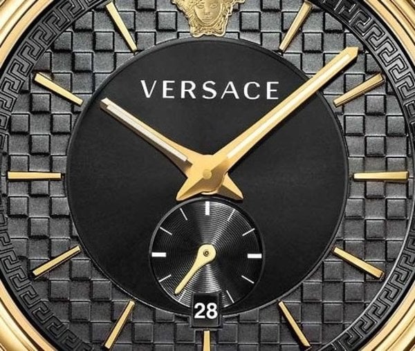 Versace V-Circle Quarzuhr mit schwarzem Zifferblatt und blauem Lederarmband für Herren – VEBQ01419