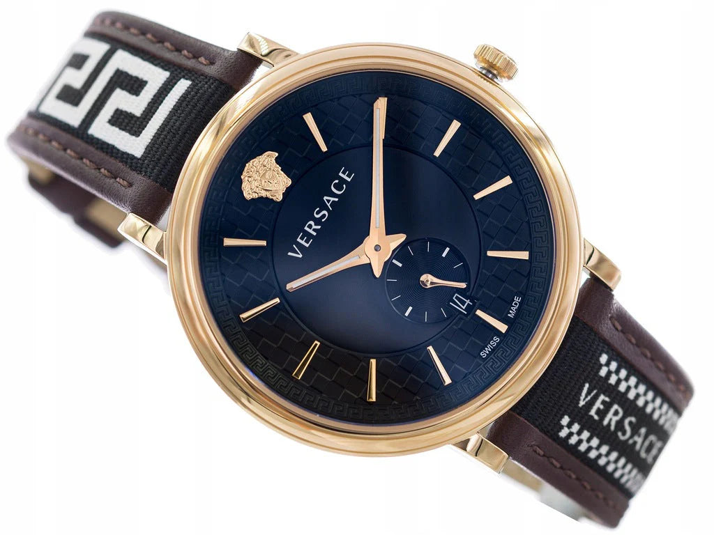 Versace V-Circle Quarzuhr mit schwarzem Zifferblatt und braunem Lederarmband für Herren – VEBQ01619