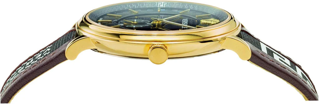 Versace V-Circle Quarzuhr mit schwarzem Zifferblatt und braunem Lederarmband für Herren – VEBQ01619