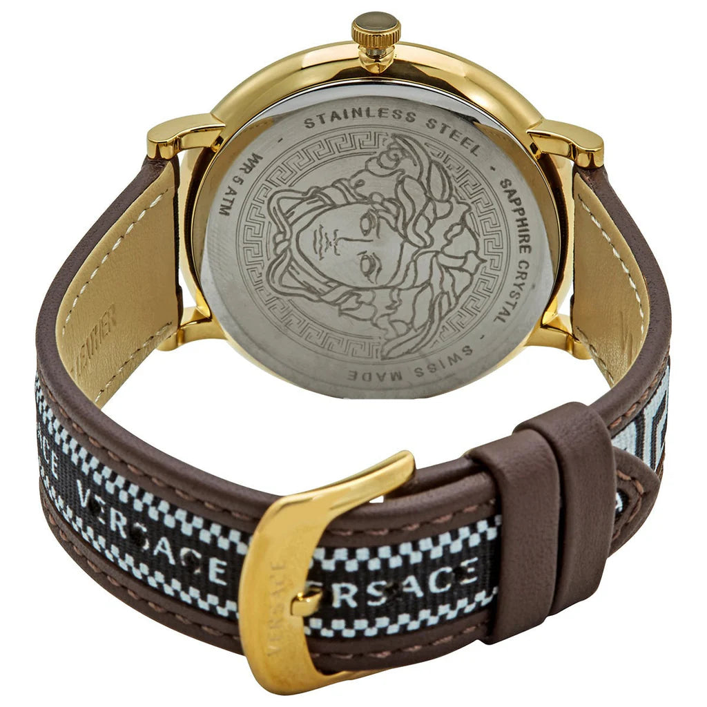 Versace V-Circle Quarzuhr mit schwarzem Zifferblatt und braunem Lederarmband für Herren – VEBQ01619