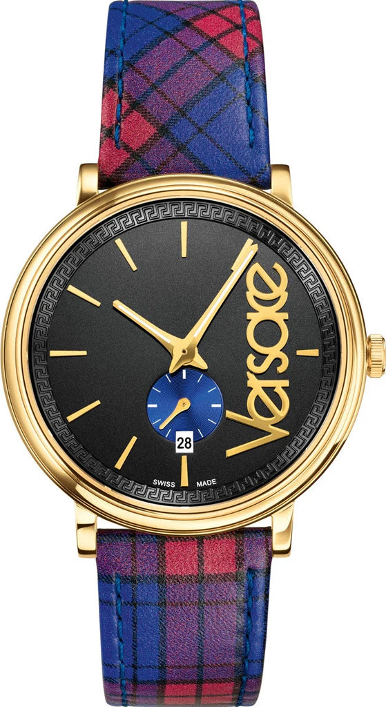 Versace V-Circle The Clans Edition Schwarze Zifferblatt Rot & Blau das Lederarmband, Uhr für Damen - VEBQ00218