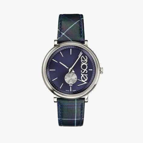 Versace V-Circle The Clans Edition Damenuhr mit blauem Zifferblatt, blauem und grünem Lederarmband – VEBQ00118