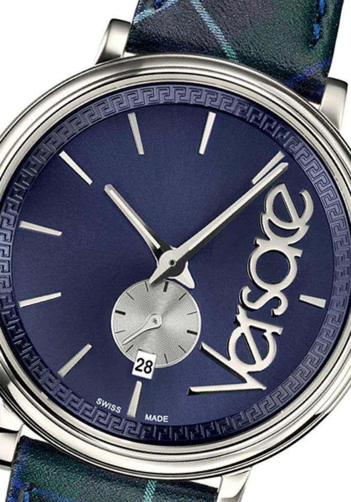 Versace V-Circle The Clans Edition Damenuhr mit blauem Zifferblatt, blauem und grünem Lederarmband – VEBQ00118