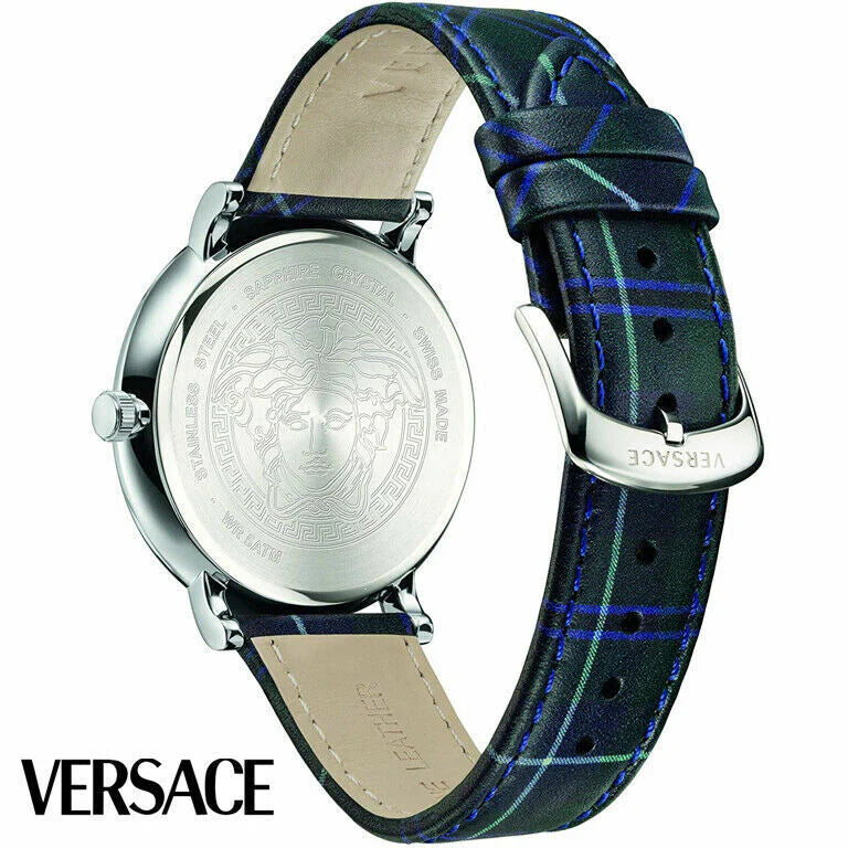 Versace V-Circle The Clans Edition Damenuhr mit blauem Zifferblatt, blauem und grünem Lederarmband – VEBQ00118