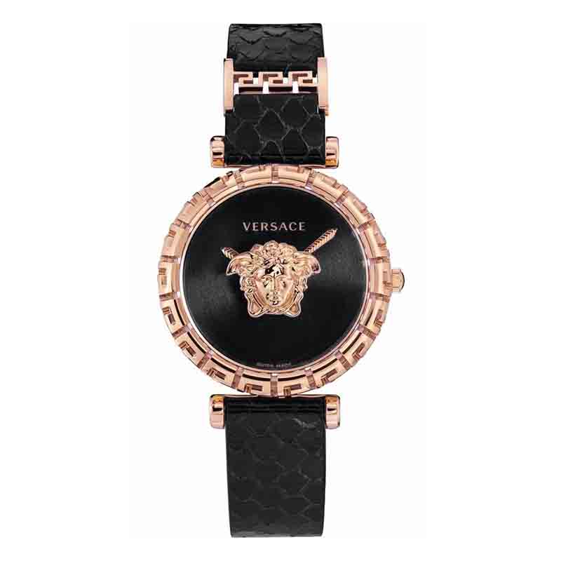Versace Palazzo Empire Greca Damenuhr mit schwarzem Zifferblatt und schwarzem Lederarmband – VEDV00719