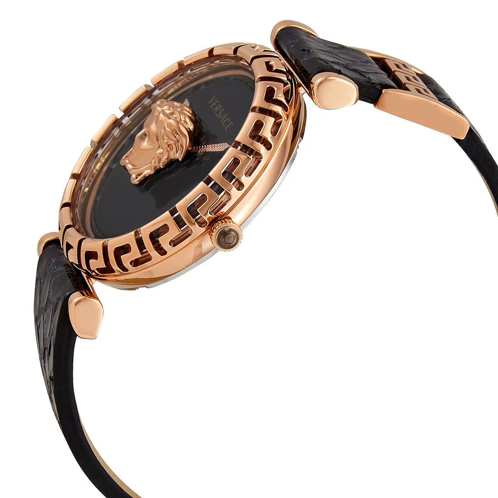 Versace Palazzo Empire Greca Damenuhr mit schwarzem Zifferblatt und schwarzem Lederarmband – VEDV00719