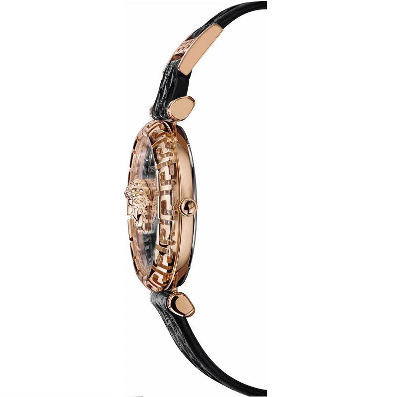 Versace Palazzo Empire Greca Damenuhr mit schwarzem Zifferblatt und schwarzem Lederarmband – VEDV00719