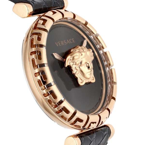 Versace Palazzo Empire Greca Damenuhr mit schwarzem Zifferblatt und schwarzem Lederarmband – VEDV00719