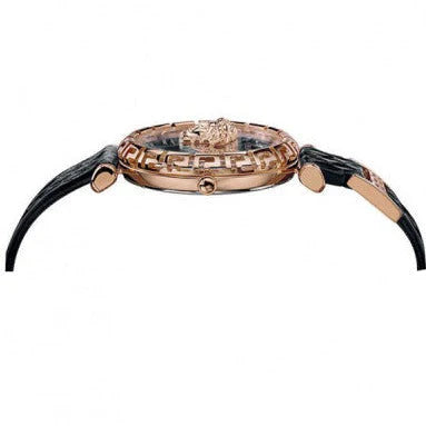 Versace Palazzo Empire Greca Damenuhr mit schwarzem Zifferblatt und schwarzem Lederarmband – VEDV00719