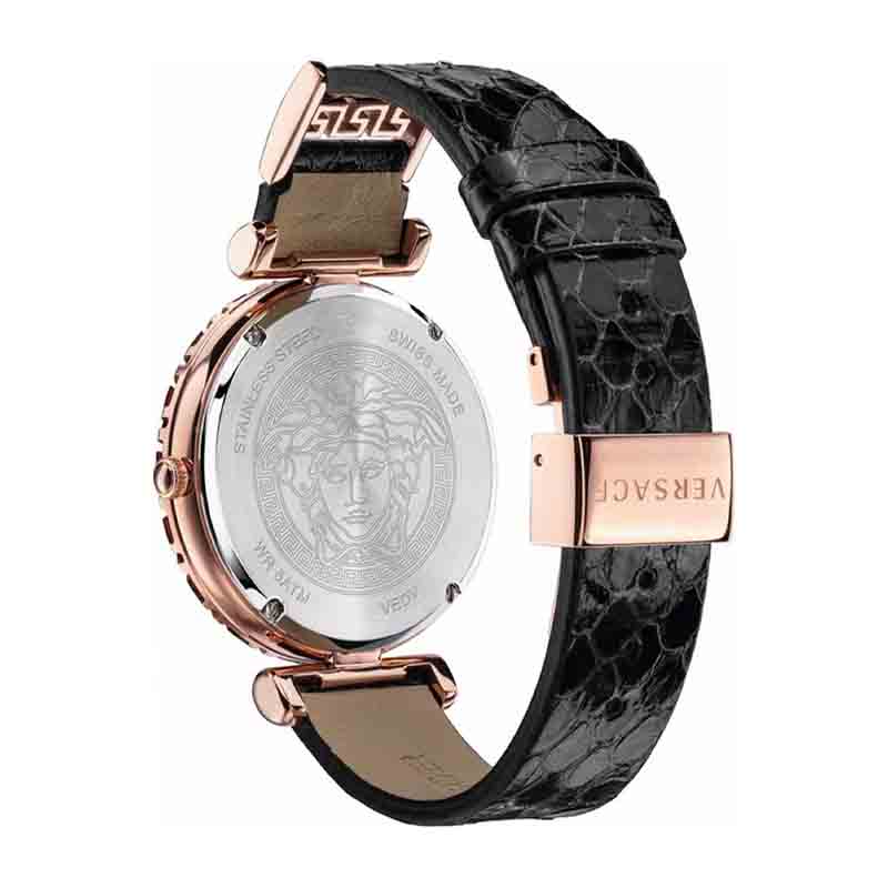 Versace Palazzo Empire Greca Damenuhr mit schwarzem Zifferblatt und schwarzem Lederarmband – VEDV00719