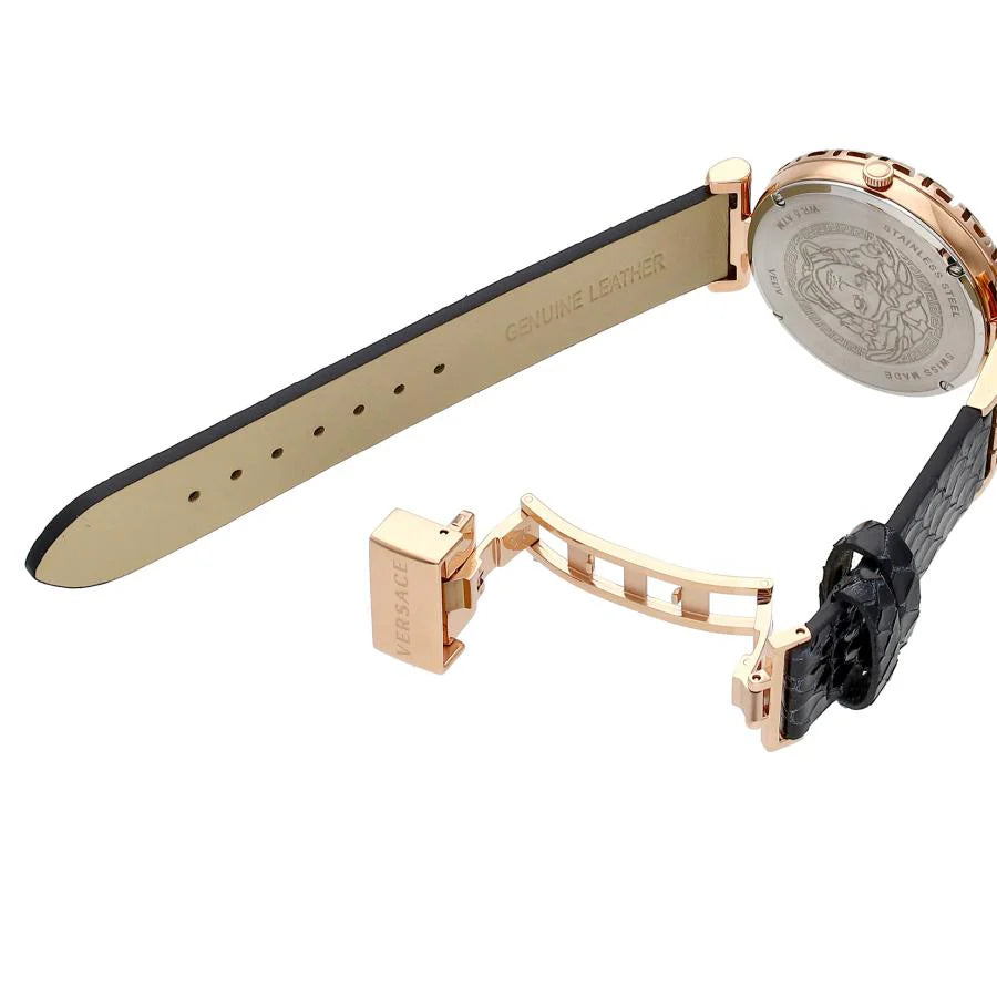 Versace Palazzo Empire Greca Damenuhr mit schwarzem Zifferblatt und schwarzem Lederarmband – VEDV00719