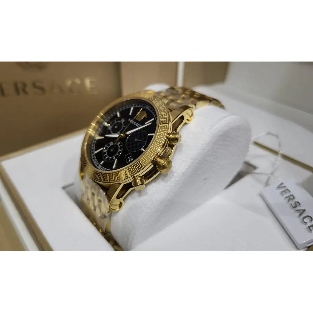 Versace VELT00419 Swiss Chronograph Goldenes Gehäuse und Metallarmband, Schwarzes Ziffernblatt 40mm, Herrenuhr