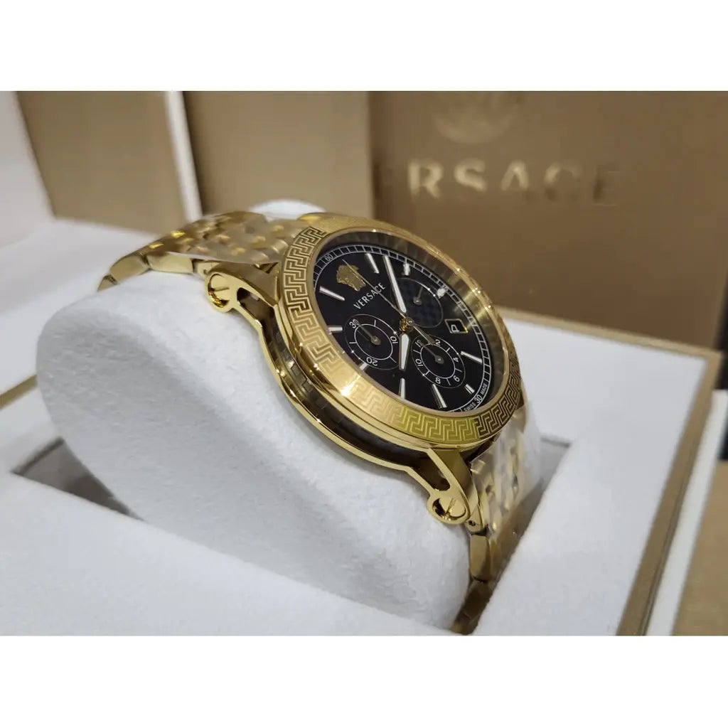 Versace VELT00419 Swiss Chronograph Goldenes Gehäuse und Metallarmband, Schwarzes Ziffernblatt 40mm, Herrenuhr